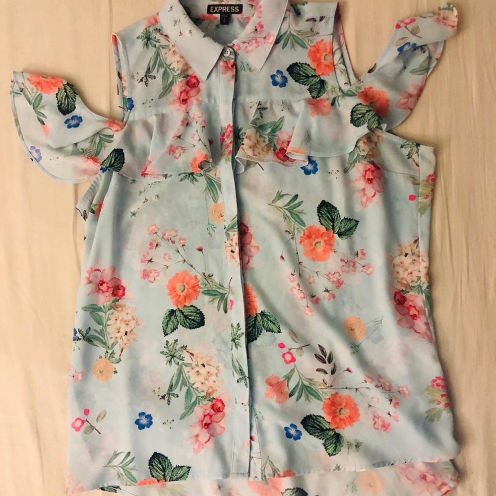 Express Cold Shoulder Baby Blue Floral Button Up